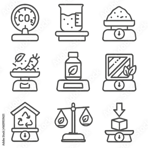 Environmental Weight Icons. Line style icons of environmental scales and measurements: CO2 weight meter, water sample on lab scale