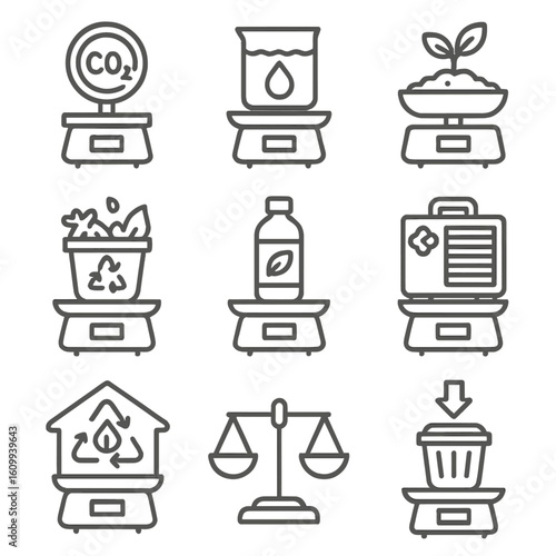 Environmental Weight Icons. Line style icons of environmental scales and measurements: CO2 weight meter, water sample on lab scale