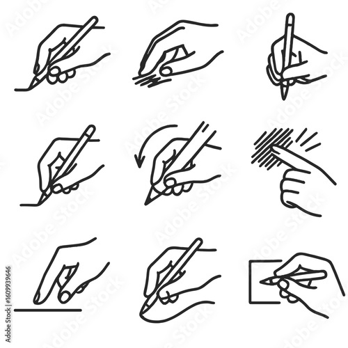 Artistic Hand Gestures. Line style icons of sketching hand gestures: hand drawing a line, fingers smudging, holding pencil upright