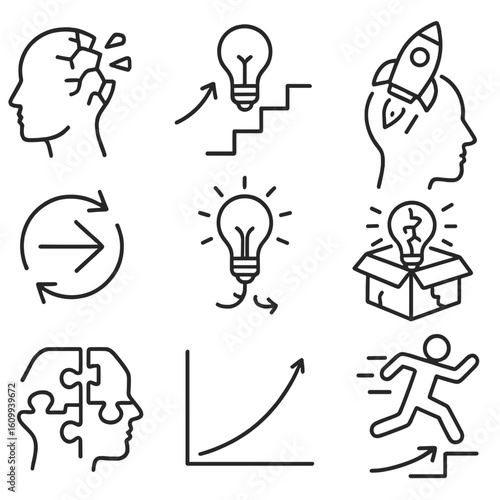 Innovation Icons Collection. Line style icons of innovation and breakthrough thinking: head with shattered wall, idea climbing