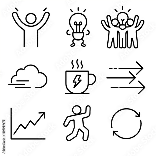 Dynamic Team Brainstorming. Line style icons of team energy during brainstorming: excited person with hands raised, jumping