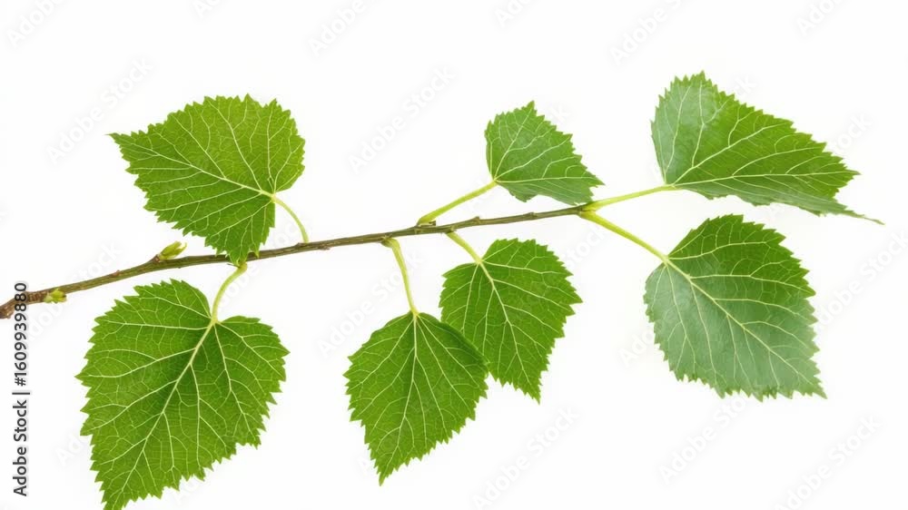 A close-up of a branch with green leaves on a white background, ideal for use in designs related to nature and the environment A close-up of a branch with green leaves on a white background, ideal for use in designs related to nature and the environment