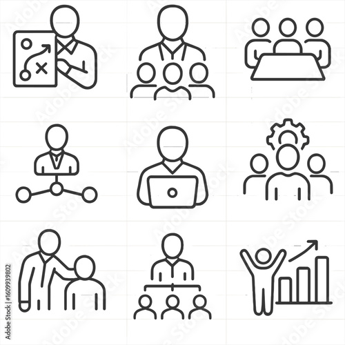Leadership Icons. Line style icons of leadership and team roles: team leader with plan, department head icon, group meeting