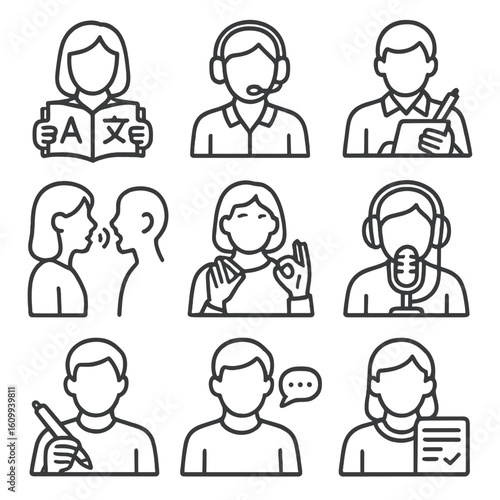 Career Line Icons. Line style icons of communication and language careers: translator with book, interpreter with headset,