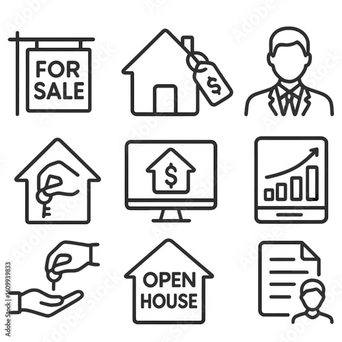 Property Sales Icons. Line style icons of property sales and investment: for sale signboard, house with price tag, real estate