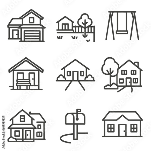 Suburban Home Icons. Line style icons of suburban family homes: garage attached house, backyard lawn icon, kids swing set, family