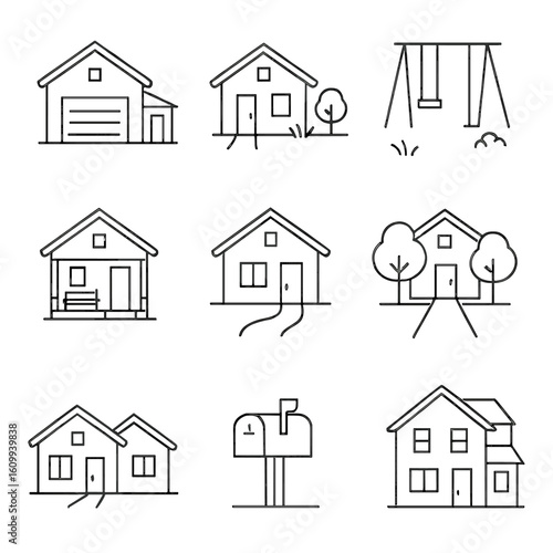 Suburban Home Icons. Line style icons of suburban family homes: garage attached house, backyard lawn icon, kids swing set, family