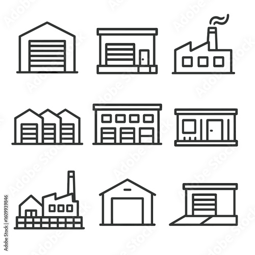 Industrial Icon Set. Line style icons of industrial and warehouse properties: warehouse unit, loading dock building, factory with