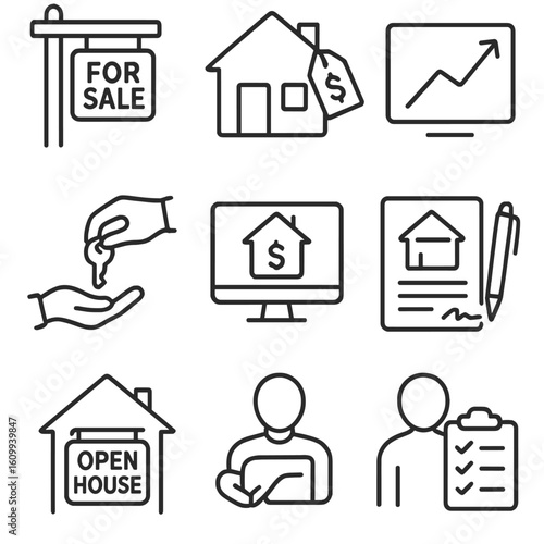 Property Sales Icons. Line style icons of property sales and investment: for sale signboard, house with price tag, real estate