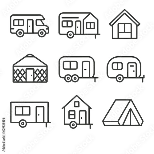 Mobile Housing Icons. Line style icons of mobile and temporary housing: RV camper van, trailer home with awning, portable