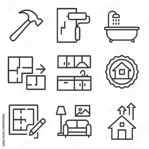 Property Renovation Icons. Line style icons of property renovation and flips: renovation hammer icon, paint roller on wall,