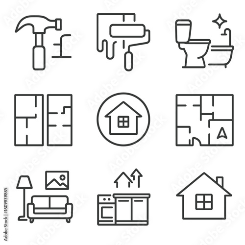Property Renovation Icons. Line style icons of property renovation and flips: renovation hammer icon, paint roller on wall,