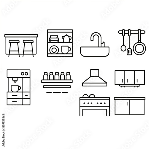 Modern Kitchen Icons. Line style icons of kitchen interior design: island with bar stools, open shelving and dishes, modern sink