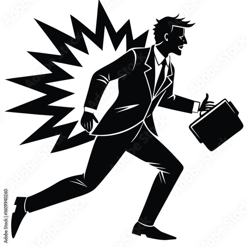 a businessman running with a briefcase. Productivity and urgency theme, perfect for finance and startup graphics