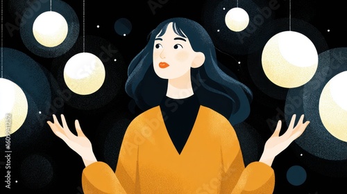 Woman looking up at glowing orbs