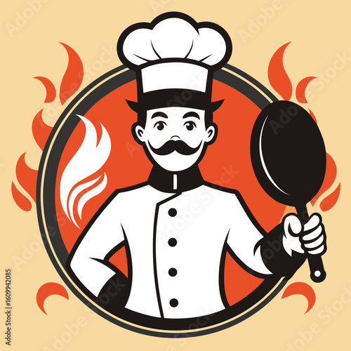 a chef holding a frying pan. Perfect for food, cooking, or restaurant designs