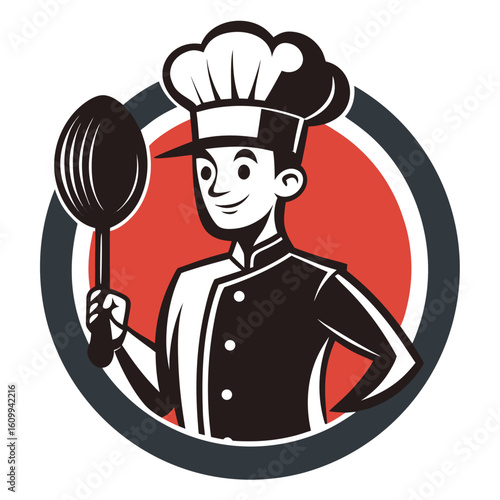 a chef holding a frying pan. Perfect for food, cooking, or restaurant designs