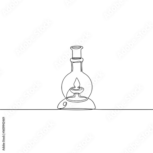 Simple line drawing of an oil lamp with lighted wick on surface  