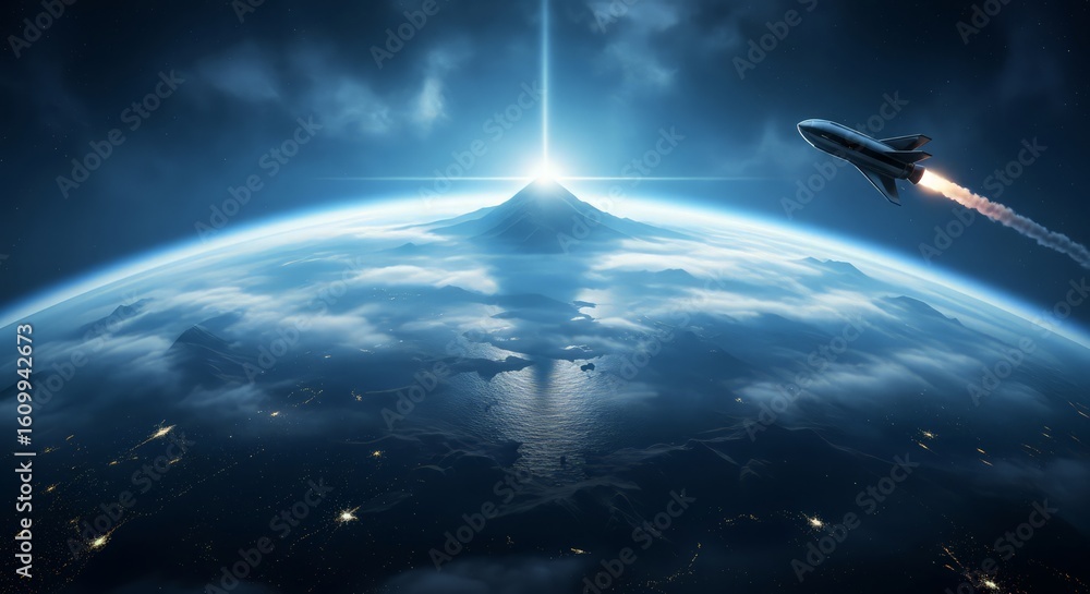 Obraz premium Infinite Possibilities: Sleek Craft Orbits Earth Against a Star-Studded Black