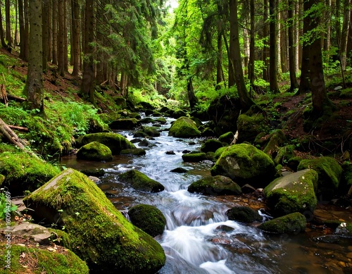 Lush forest stream flowing over mossy rocks