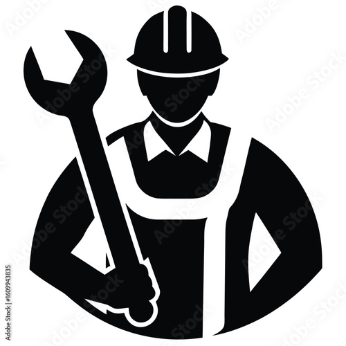 a construction worker holding a wrench and wearing a safety helmet. Industrial and hardworking theme,