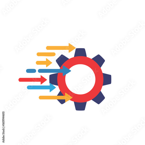 Vector illustration of gear with flow arrows flat on white background, process automation