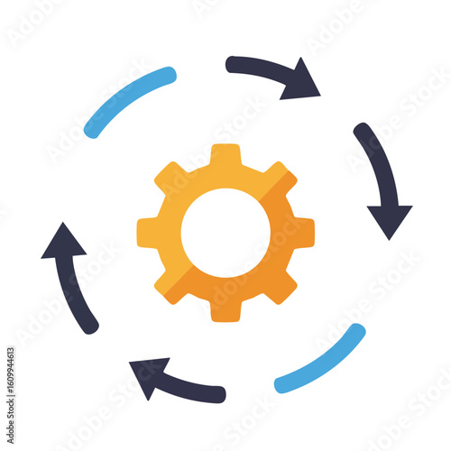 Vector illustration of gear with flow arrows flat on white background, process automation
