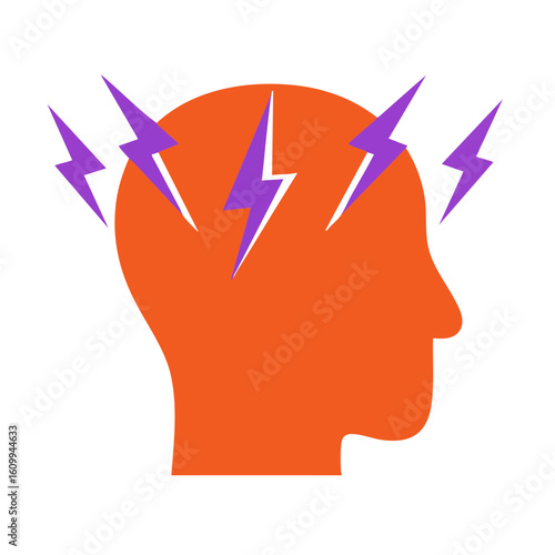 Vector illustration of human head with lightning flat on white background, mental health