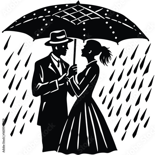 a couple holding an umbrella together in the rain. Love and cozy moment, ideal for valentine, relationship, or storybook concepts