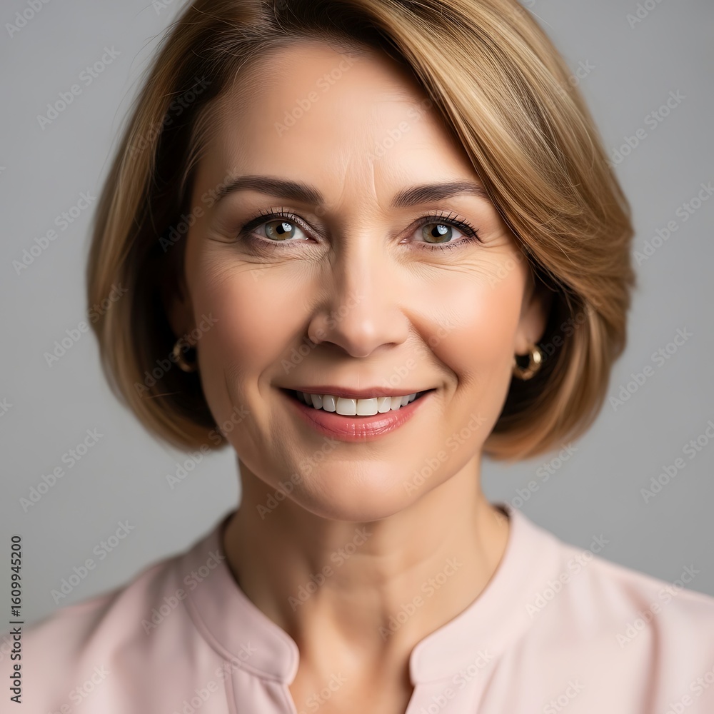 Happy middleaged woman with blonde hair smiling Happy middleaged woman with blonde hair smiling