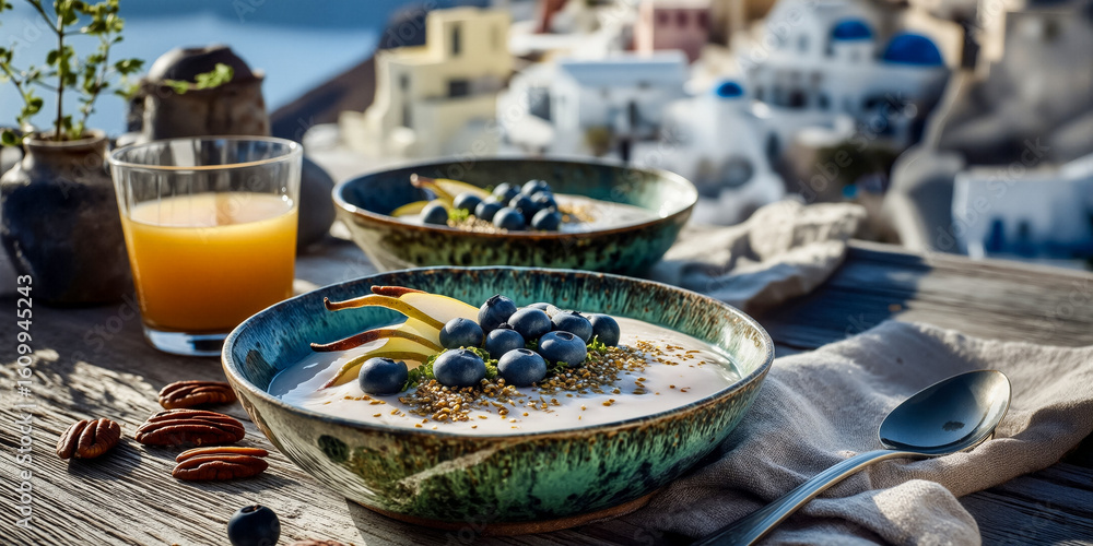 Fototapeta premium Greek yogurt with Pair, blueberry, and granola overlooking a cliffside village