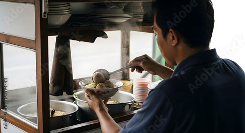 Fototapeta Naklejka Na Ścianę i Meble -  Bakso Vendor Prepares Meatball Soup in Street Food Cart, Indonesia