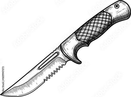 Survival knife with serrated edge in hand-drawn style