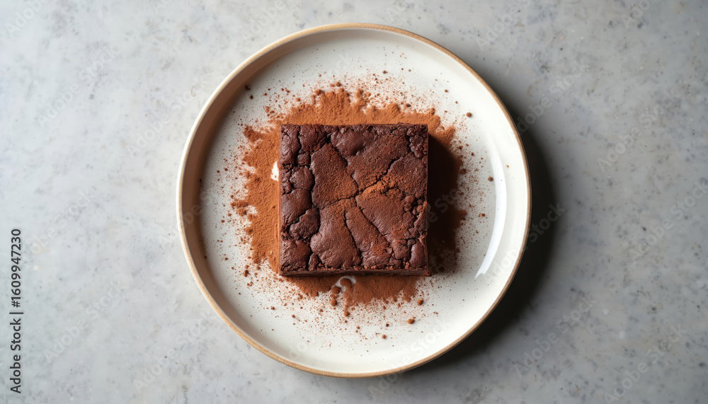 Fototapeta premium Decadent chocolate brownie, dusted with cocoa powder, sits on white plate. This top-view close-up captures rich texture and homemade appeal of this delicious baked treat, perfect for culinary content.