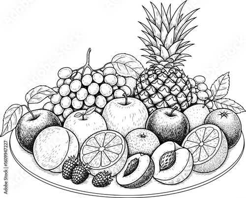 Plate of assorted fruits in hand-drawn style