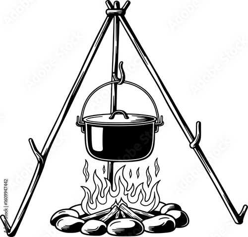 Hanging cooking tripod stand in hand-drawn style