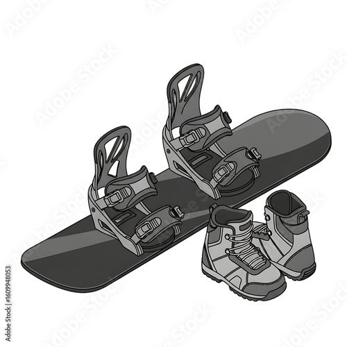 Snowboard bindings mounted on a board.