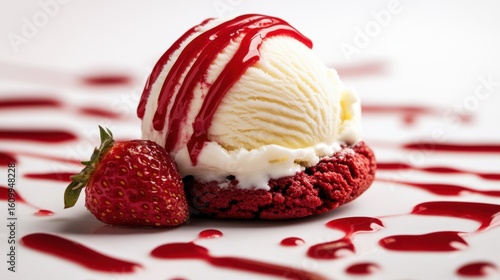 An exquisite shot of a red velvet cookie adorned with a scoop of creamy vanilla ice cream and a drizzle of raspberry sauce, creating an irresistible and appetizing dessert look.