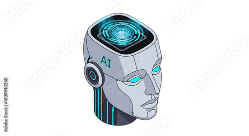 Futuristic robot head with digital display.