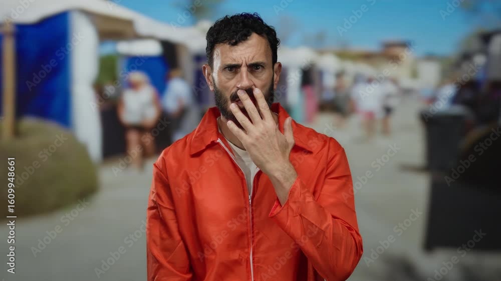 Hispanic man in orange prison jumpsuit looks worried outdoors on a busy street, touching his face with a thoughtful expression. Hispanic man in orange prison jumpsuit looks worried outdoors on a busy street, touching his face with a thoughtful expression.