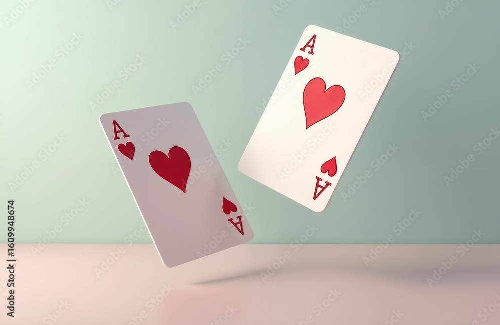 Obraz premium Two Ace of Hearts playing cards float in minimalist space, love, luck in gambling. Clean design elements focus on red heart symbols against soft green background, evoking chance, casino games.