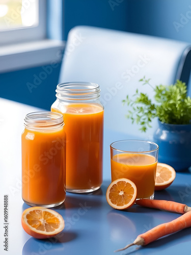 Glass jar with orange and carrot juice on blue table predominant colors are orange and blue