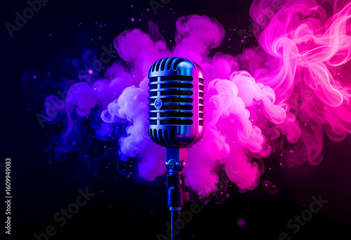 A vintage microphone silhouette that glows pink and blue.