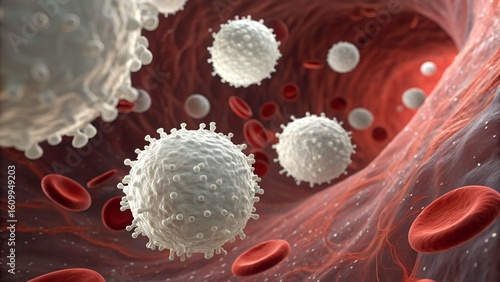 Detailed cinematic rendering of white blood cells traveling through the bloodstream — neutrophils, lymphocytes, and monocytes navigating like intelligent scouts