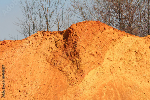 Foto A tall mound of vivid orange-brown earth sits beside bare winter trees, providin