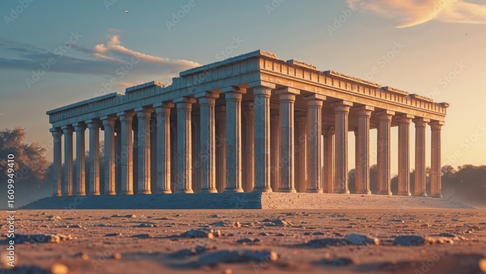 Obraz premium Ancient greek temple bathed in golden sunlight, showcasing historical architecture.