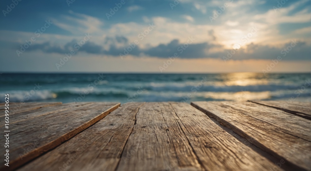 Fototapeta premium Beautiful sunset over the ocean, viewed from a weathered wooden surface.
