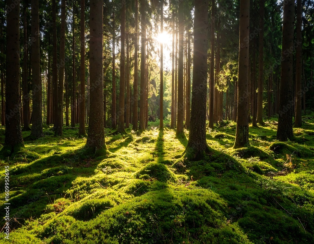 Obraz premium Sunlight streams through a dense forest of tall pines, illuminating a mossy floor
