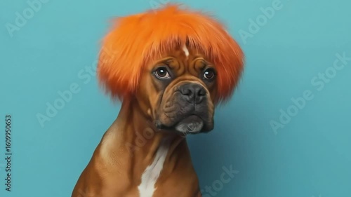 A serious boxer dog wears a vibrant orange wig, looking directly at the camera against a blue background.