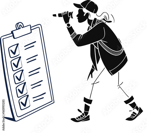 Artist checks off accomplishments on a list while holding a microphone